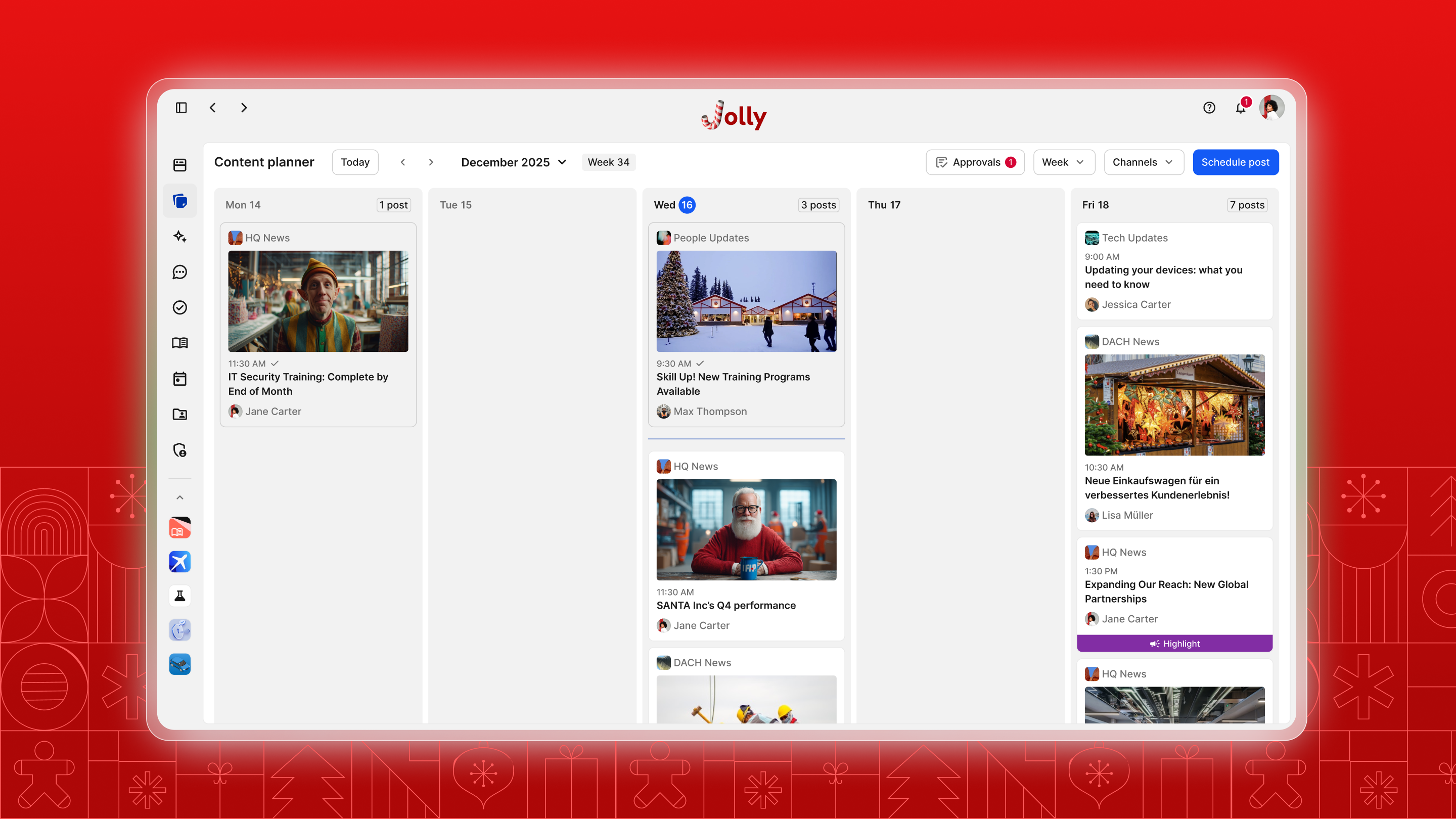 Jolly content planner interface for December 2025, week 34.