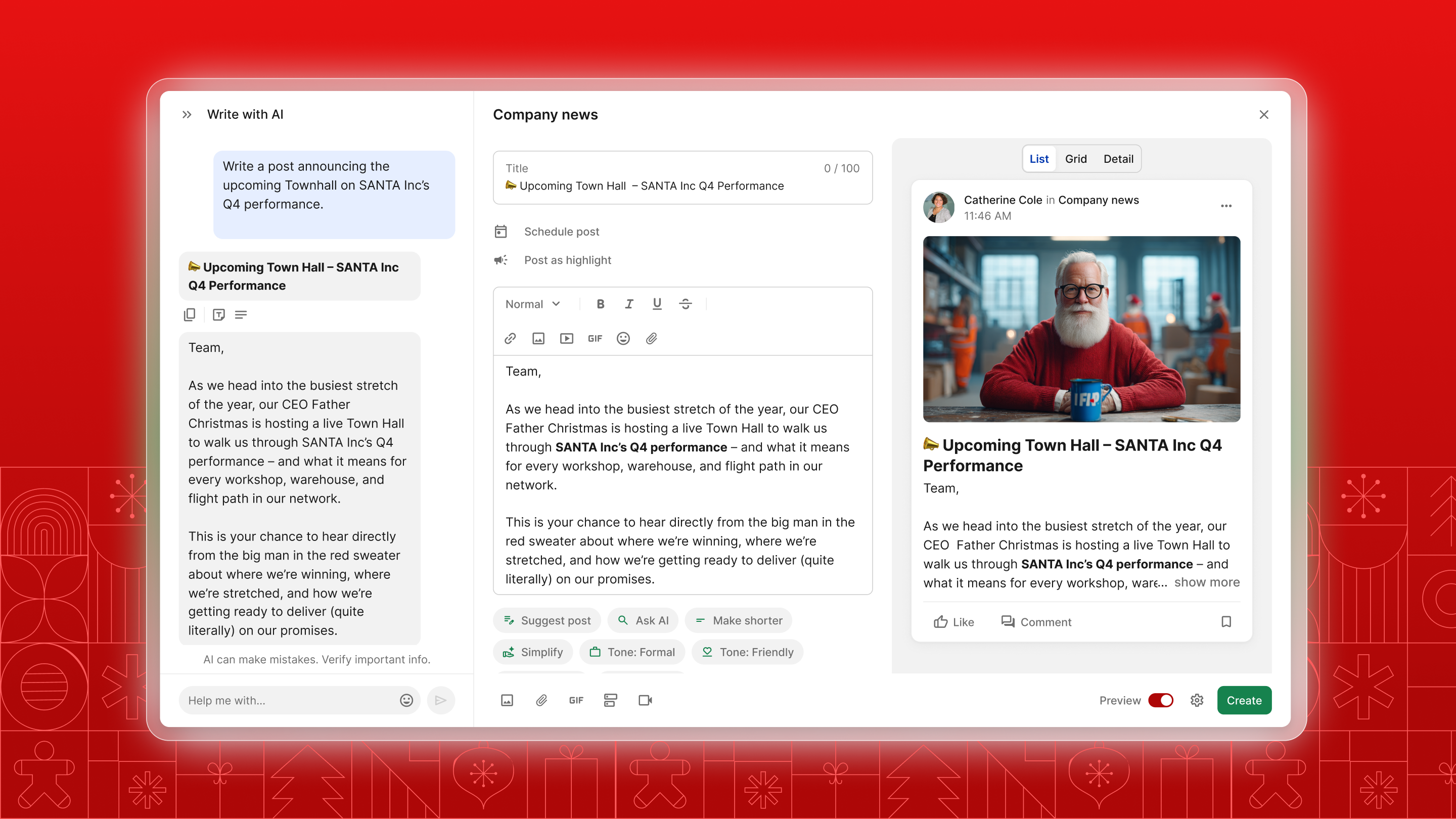 Santa-themed software interface for company news post creation.