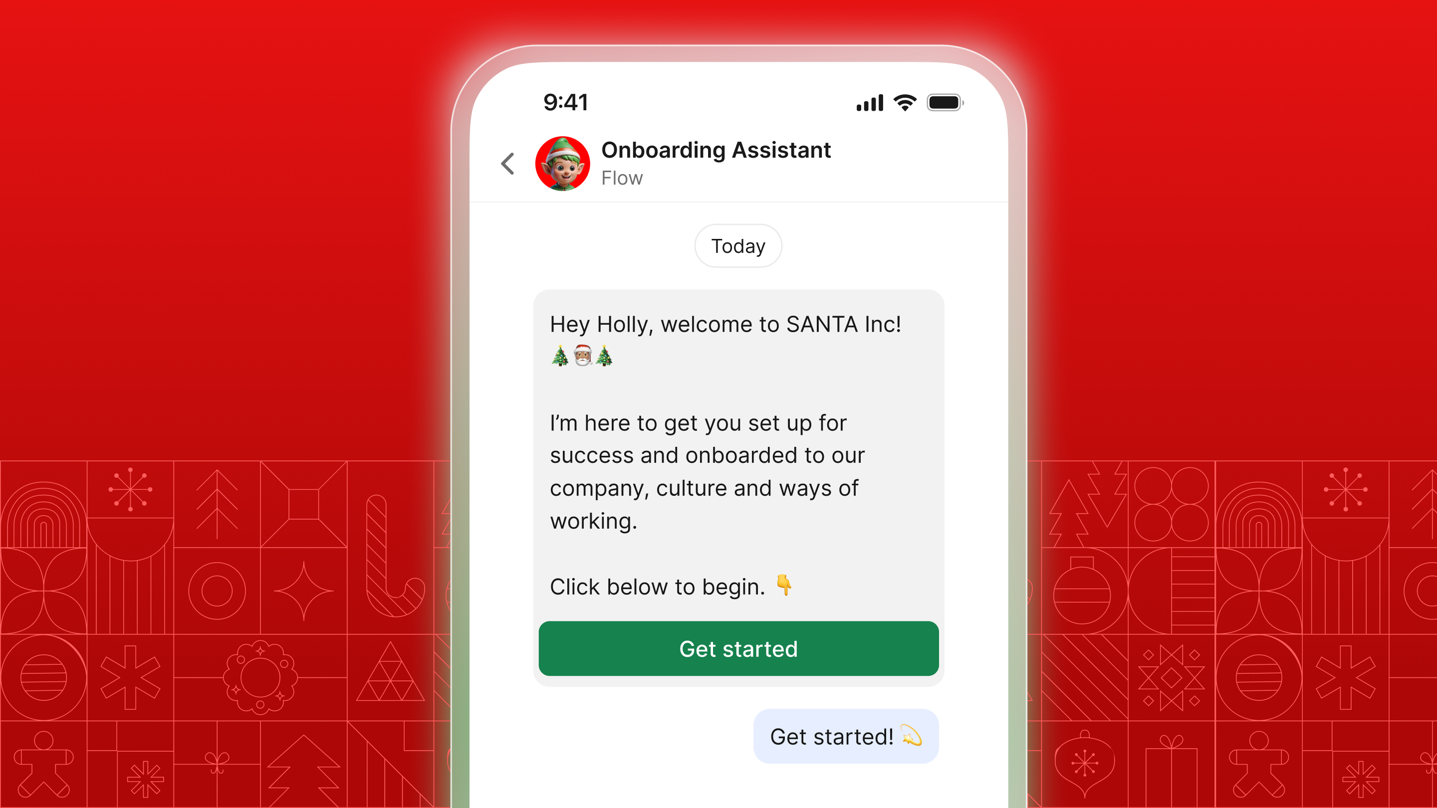 Onboarding Assistant message on phone screen for SANTA Inc.