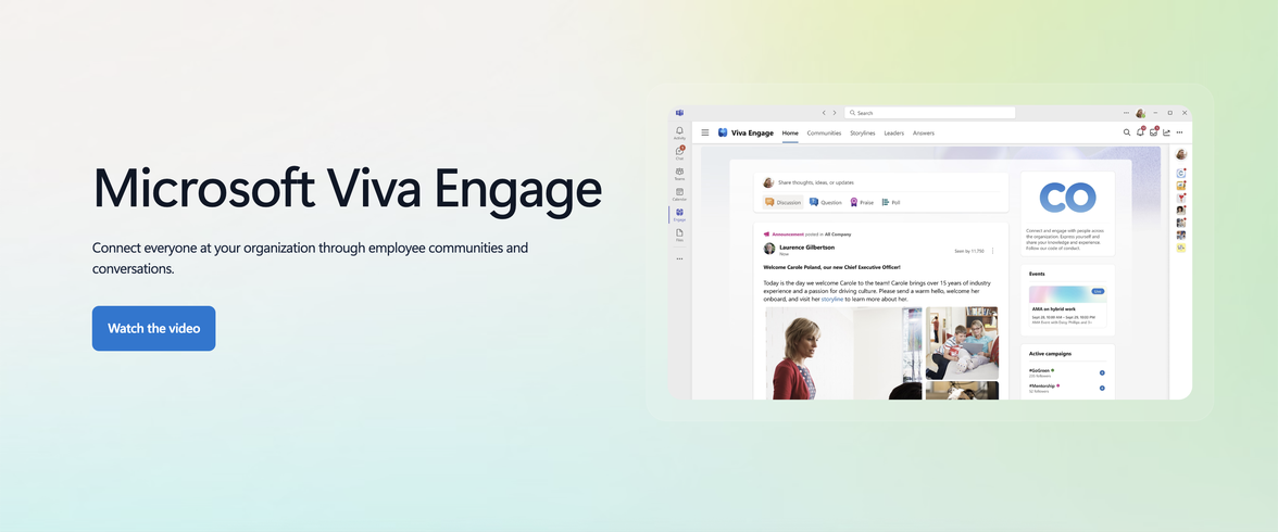 Microsoft Viva Engage homepage showing employee communities, conversations, and engagement tools.
