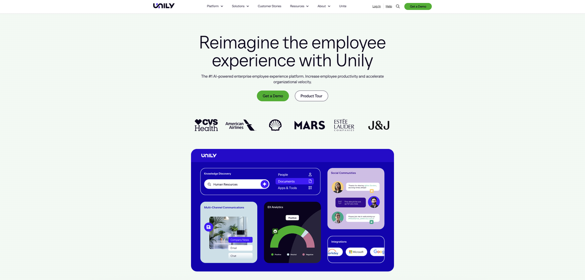 Unily Employee Experience Platform UI: AI Intranet, HR-Portal, Employee Engagement, EX Analytics.
