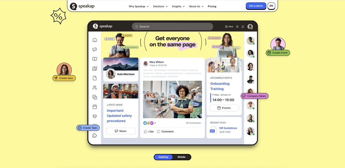 Speakap Employee Experience Platform UI: Get everyone on the same page, HR-Portal, Employee App, Company News.