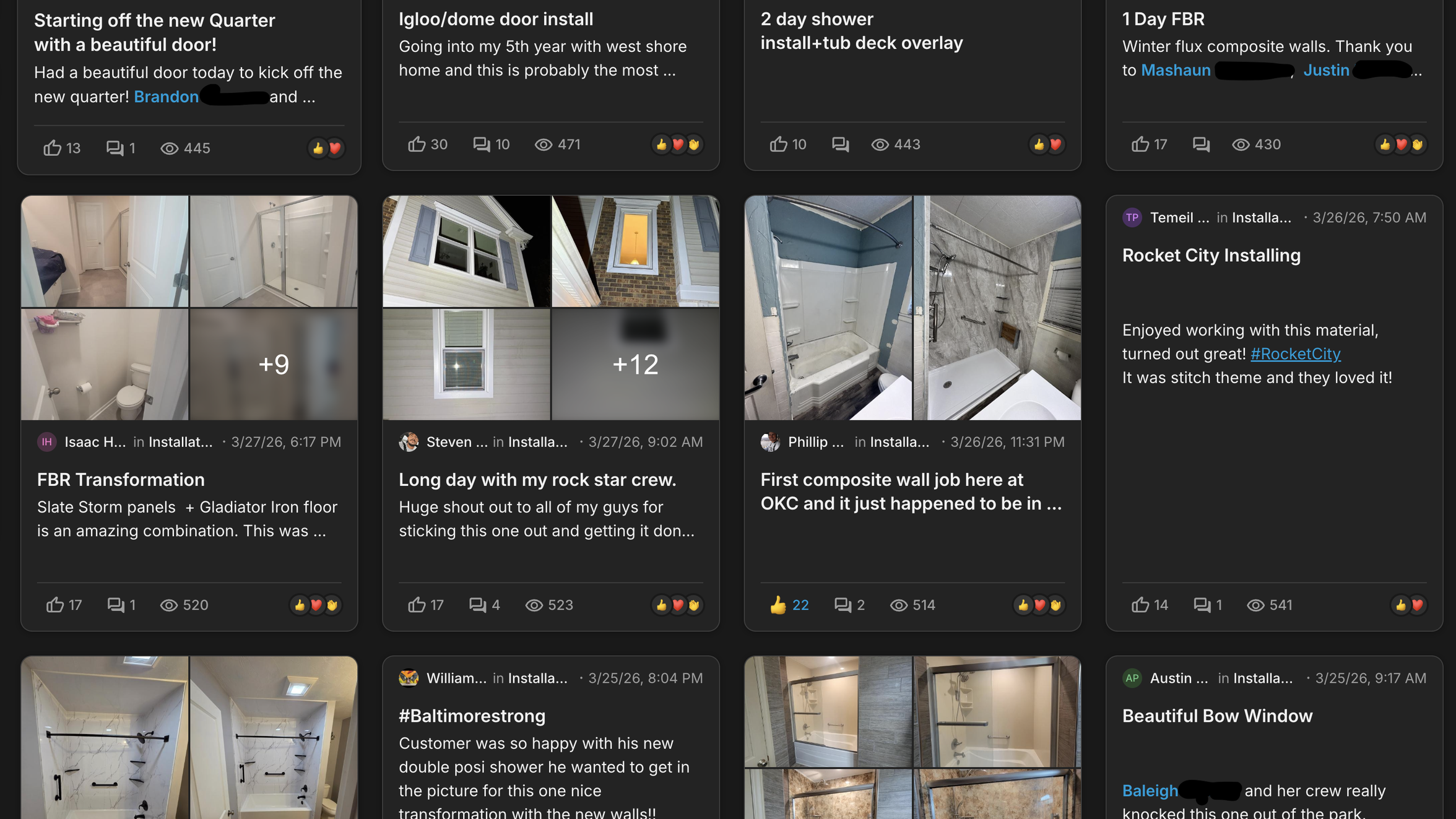 Grid of project updates with images and captions for West Shore Home installations.