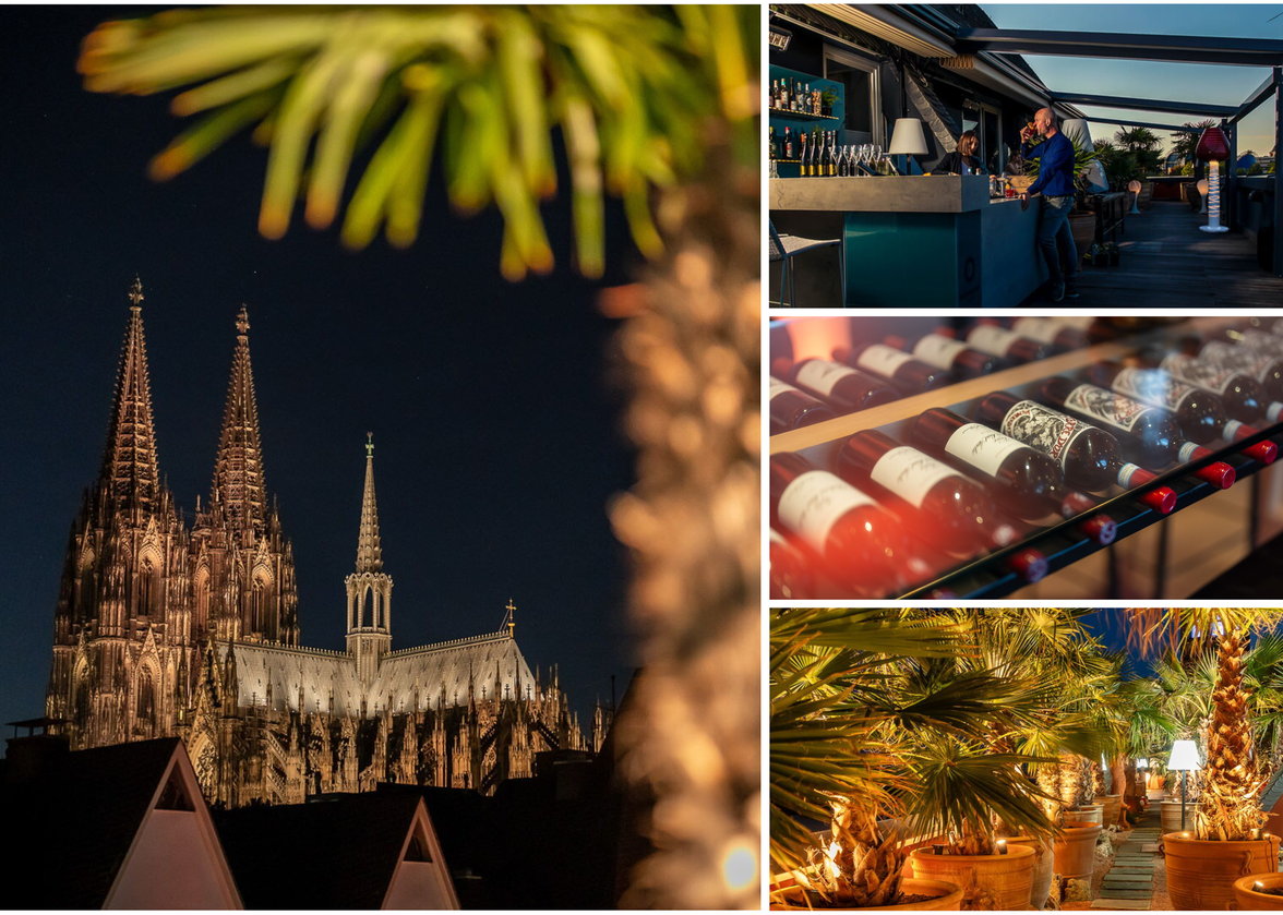 Collage of Cologne Cathedral, rooftop bar, wine bottles, and palm-lit walkway at night.