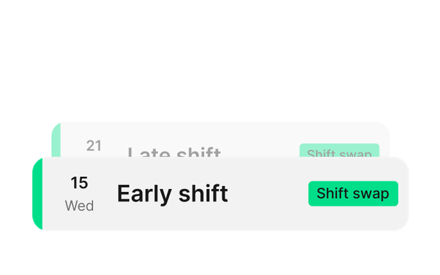Early shift and Late shift cards with Shift swap button, Employee App, HR-Software, Employee Experience Platform.