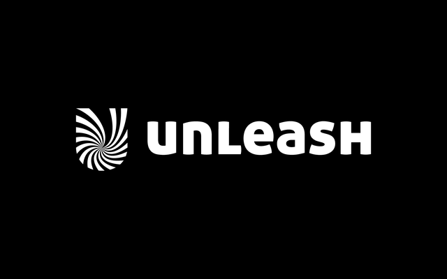 White unleash logo with spiral icon on black background; simple, decorative branding.