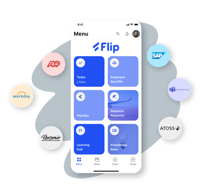 Flip Mitarbeiter App UI: Tasks, Employee Benefits, HR-Portal, Intranet, Employee Experience Platform.