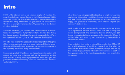 Intro page of a B2B-SaaS HR-Software whitepaper, discussing 2024 job trends, employee engagement, and internal comms; no Flip