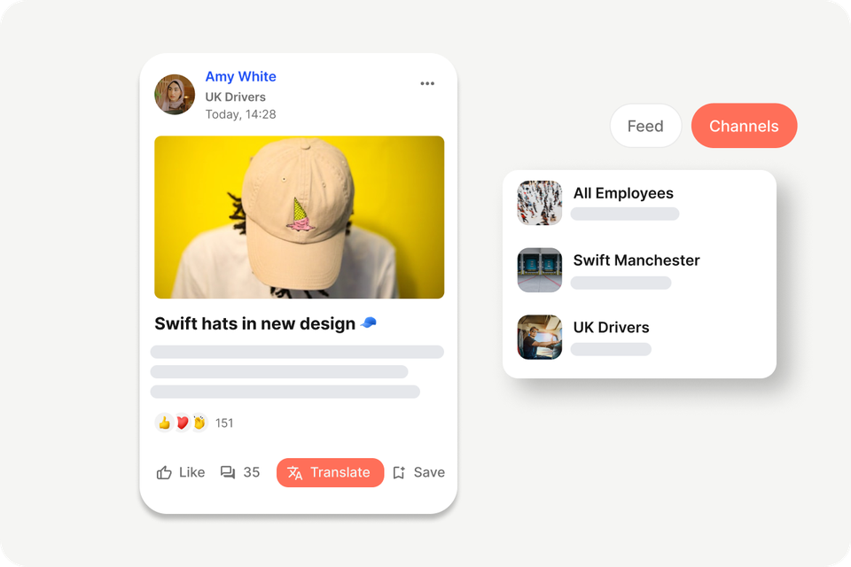 Employee App UI: Swift hats in new design post, channels for All Employees, HR-Portal, Employee Engagement.