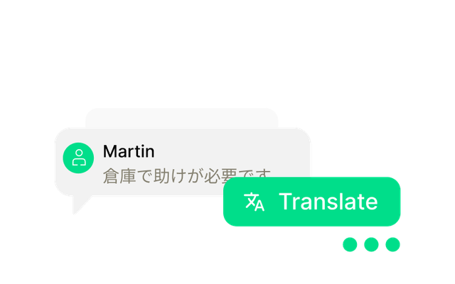 Chat bubble with Martin and 倉庫で助けが必要です, green Translate button, language icon.