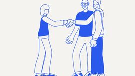 Illustration of three founders meeting and shaking hands, symbolizing collaboration and teamwork.