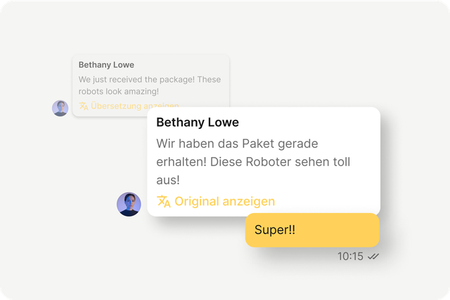 Chat UI mit Übersetzungsfunktion, Mitarbeiter App, Employee Experience Platform, Flip Flows.