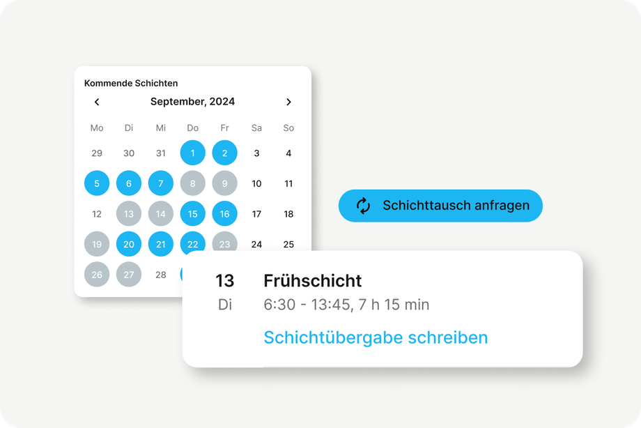 Kalenderansicht mit Schichtplanung, Schichttausch anfragen; Mitarbeiterplattform, HR-Software.