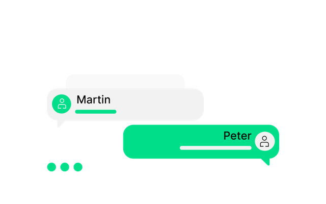 Instant messaging feature in Mitarbeiter App; chat bubbles labeled Martin and Peter shown.