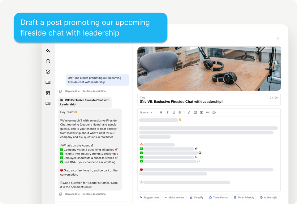 B2B-SaaS Employee Experience Platform UI with AI drafting comms post; LIVE: Exclusive Fireside Chat.