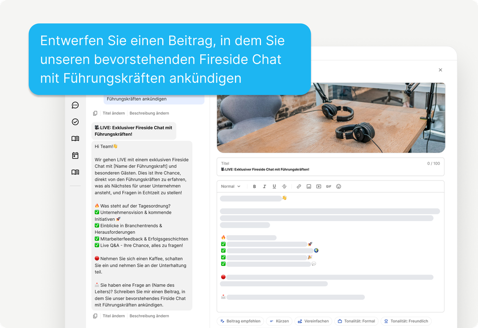 Mitarbeiterplattform UI mit Beitragserstellung, Flip Flows, HR-Portal, Employee Experience Platform.