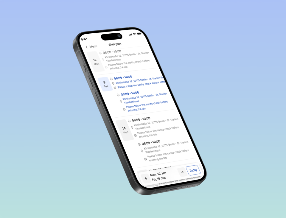 Mobile app showing a shift plan with dates and times.