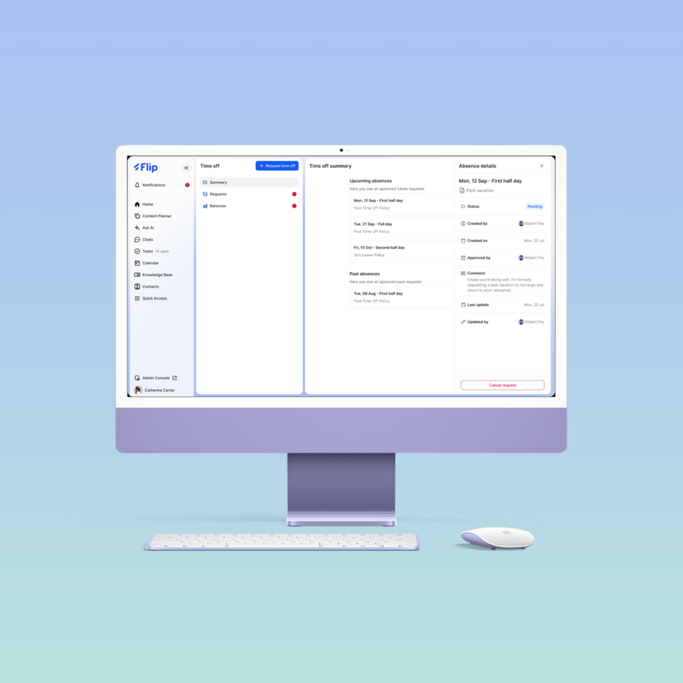 Flip HR software UI: Time off management screen