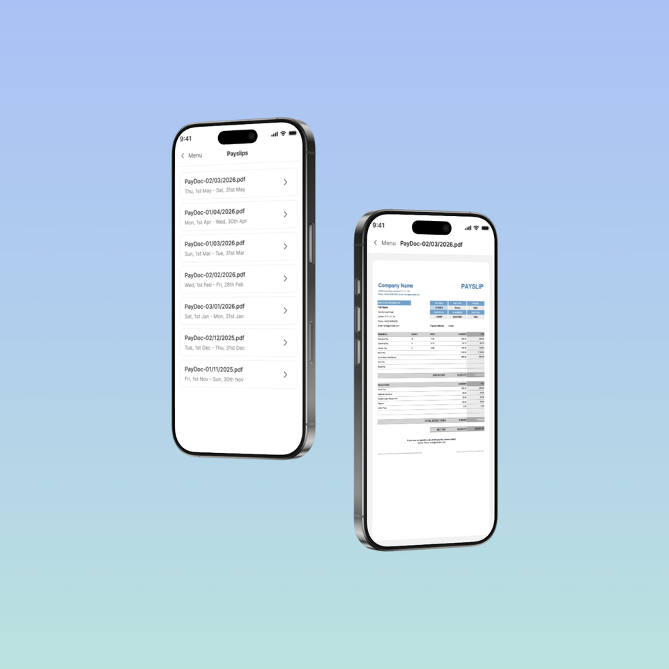Mobile app displaying digital payslips and pay details.