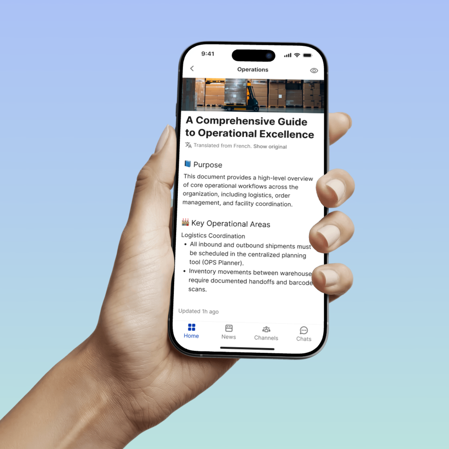 Mobile UI of AI-powered intranet with operations guide for employees.