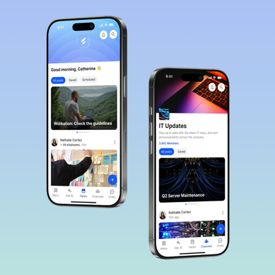 Two smartphones display a B2B-SaaS app interface with newsfeed and channels.