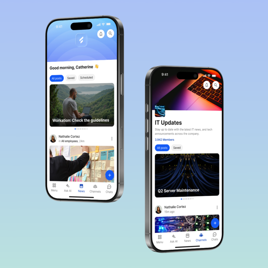 Two smartphones display a B2B-SaaS app interface with newsfeed and channels.