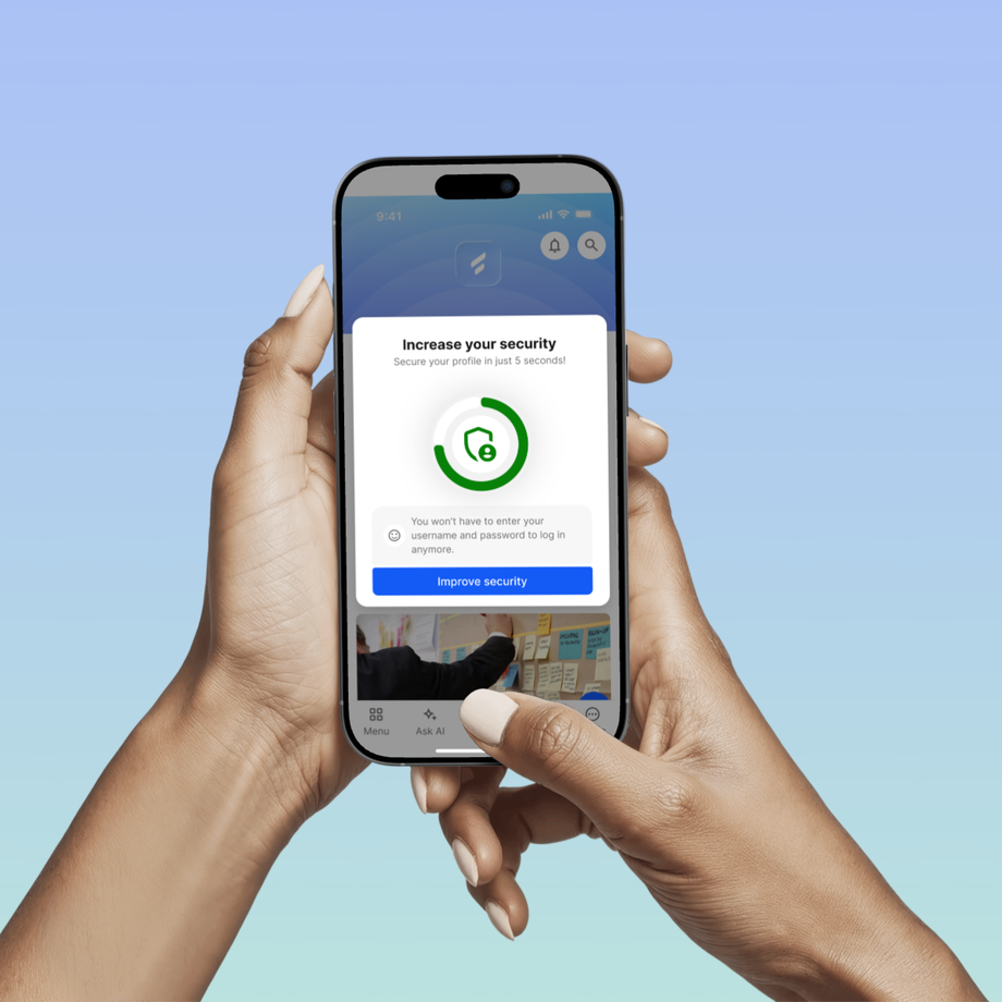 Phone showing Flip app security prompt: Increase your security with a lock icon.