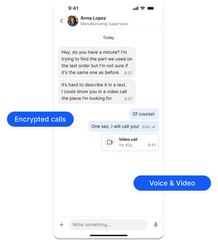 Messaging interface showing a video call setup for a manufacturing supervisor.
