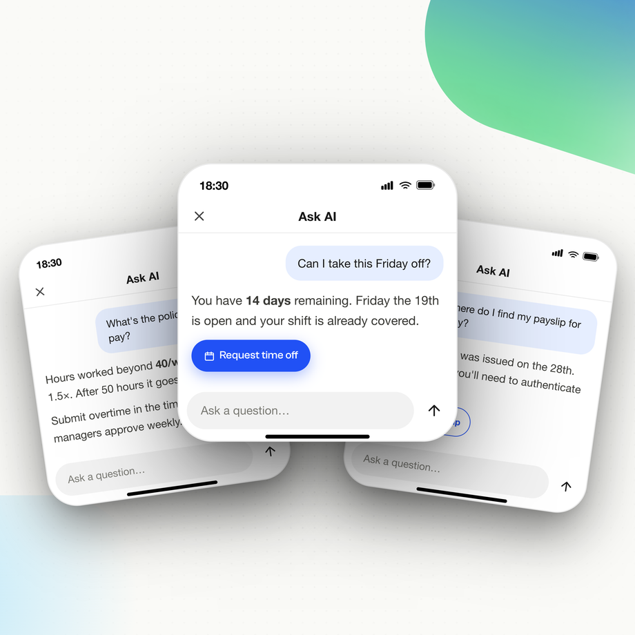 B2B-SaaS interface showing Ask AI feature for managing time off requests.
