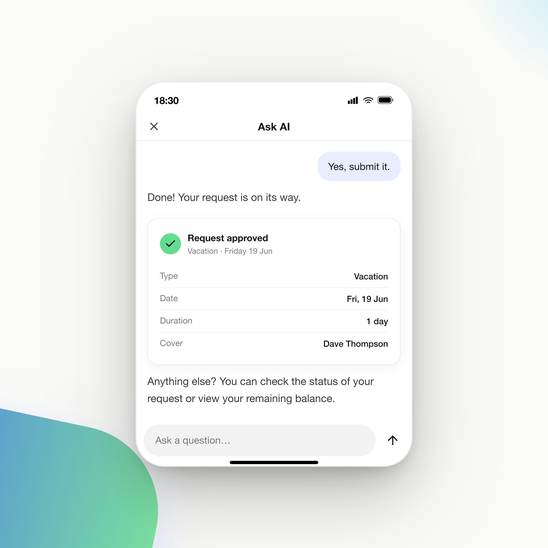 Mobile interface approving a vacation request; shows AI chat interaction.
