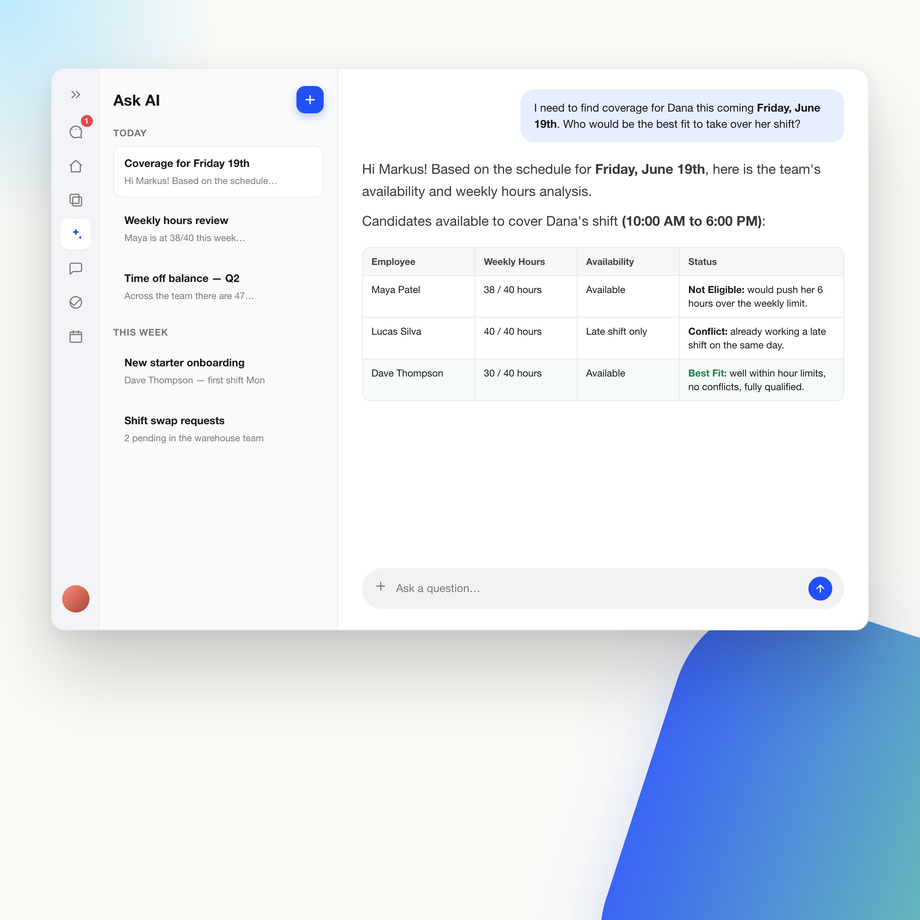 B2B-SaaS UI showing employee shift coverage recommendations.