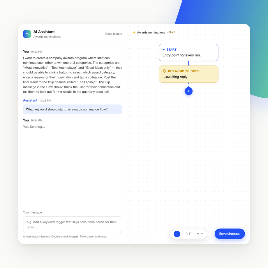 B2B-SaaS UI for managing awards nominations with a flowchart and chat interface.