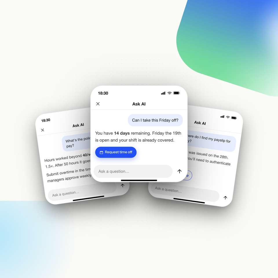 Ask AI interface on phones for employee queries about HR and time off.