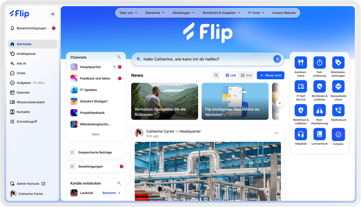 Flip SaaS platform interface with HR and comms tools in German.
