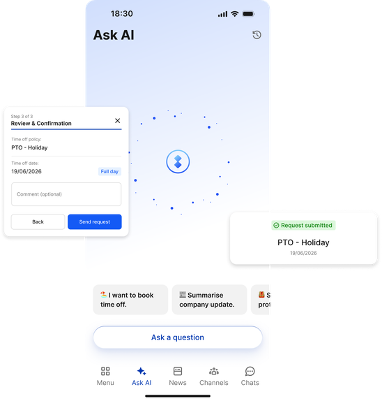 UI showing a request for PTO - Holiday on a mobile app called Ask AI.