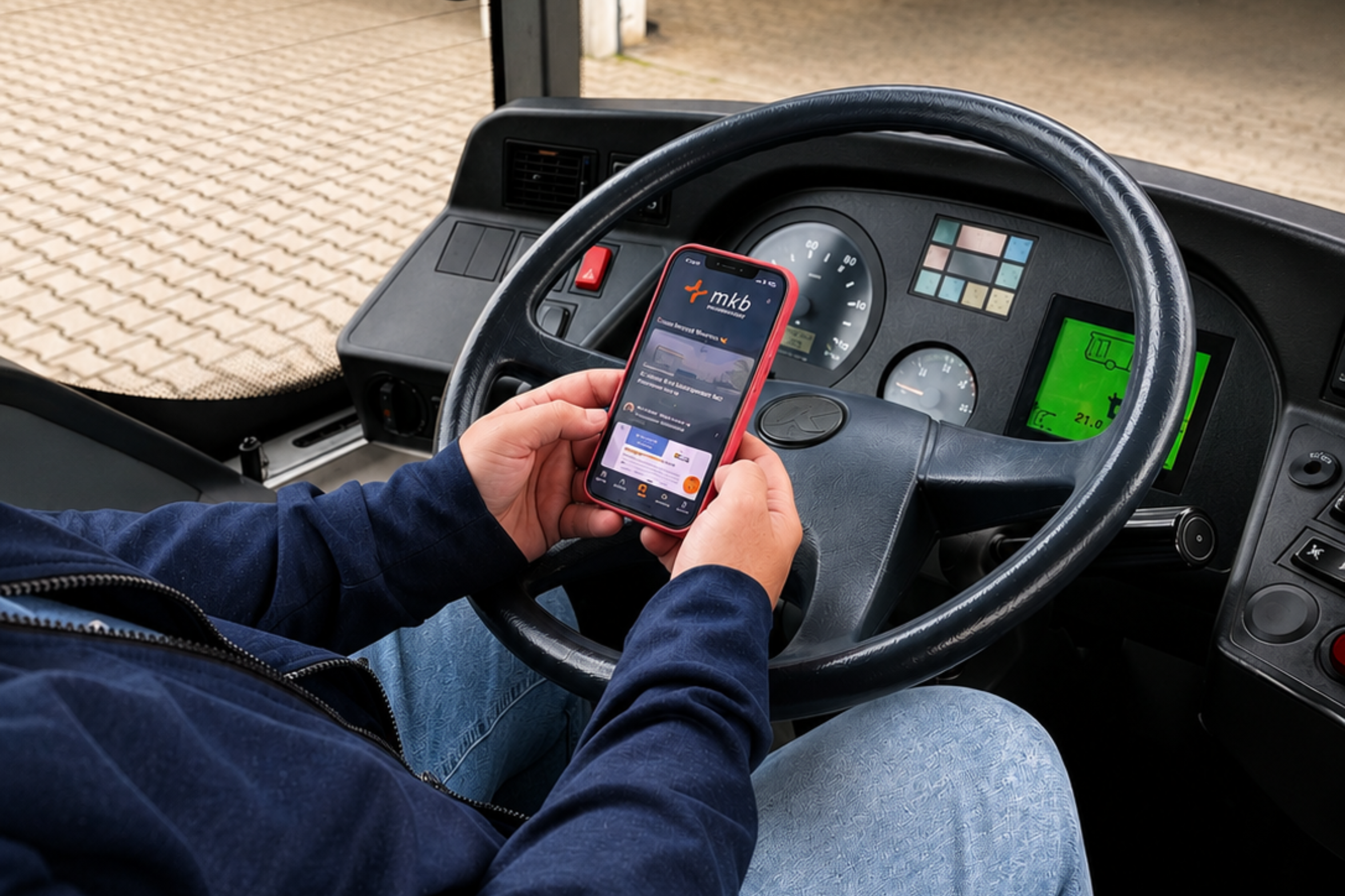Bus driver using the mkb app on a smartphone.