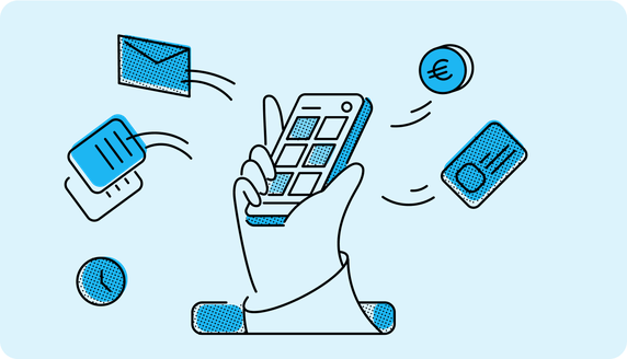 Hand holding smartphone with icons for messages, tasks, euro, and card; Mitarbeiter App, HR-Software.