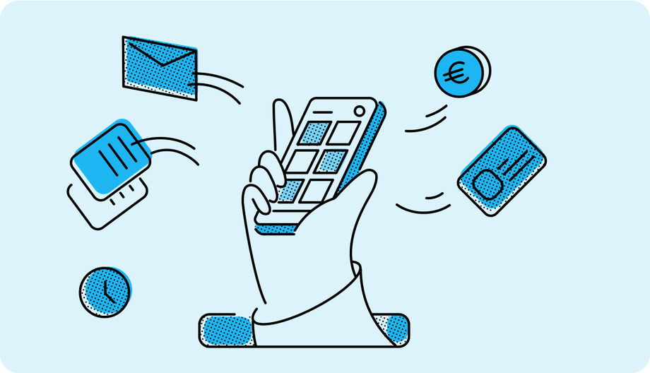Hand holding smartphone with icons for messages, tasks, euro, and card; Mitarbeiter App, HR-Software.