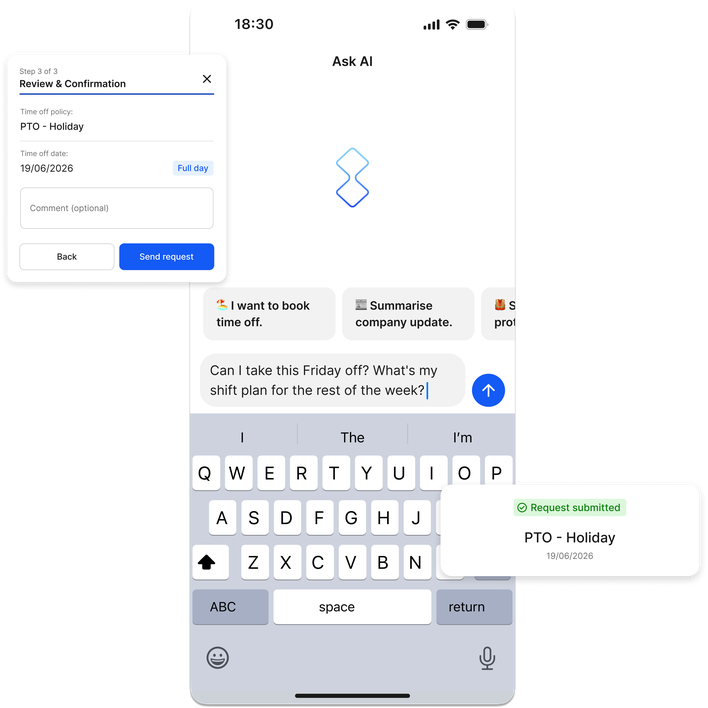 Mobile app interface for booking time off and confirming PTO requests.