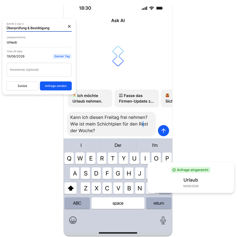 UI of an employee app in German for leave request and schedule inquiries.