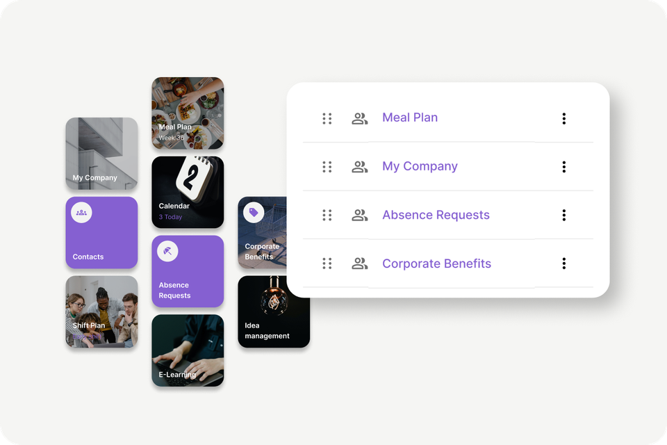 B2B-SaaS Mitarbeiterplattform UI with Employee App, HR-Portal, Flip Flows, and Employee Engagement.