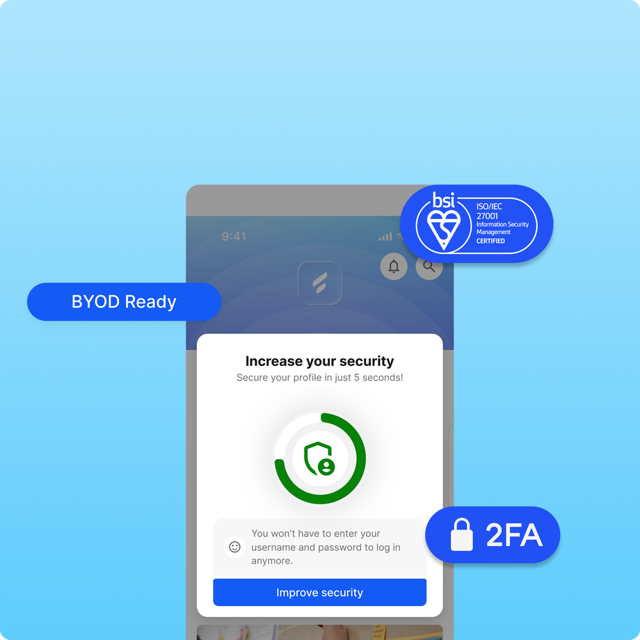 UI of a security feature showcasing BYOD readiness and 2FA certification.