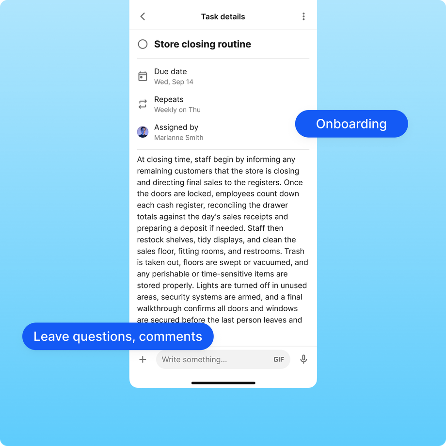 Task details for Store closing routine with instructions and comments section.