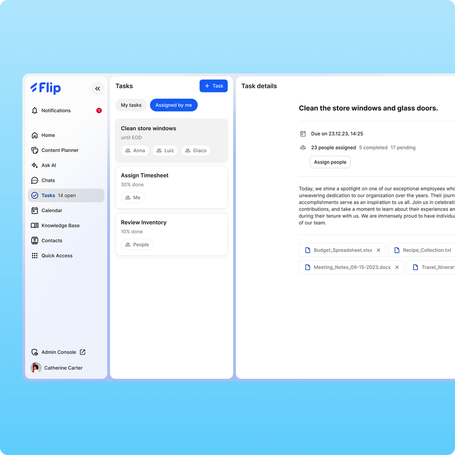 Flip UI showing task assignments and details for frontline employees.