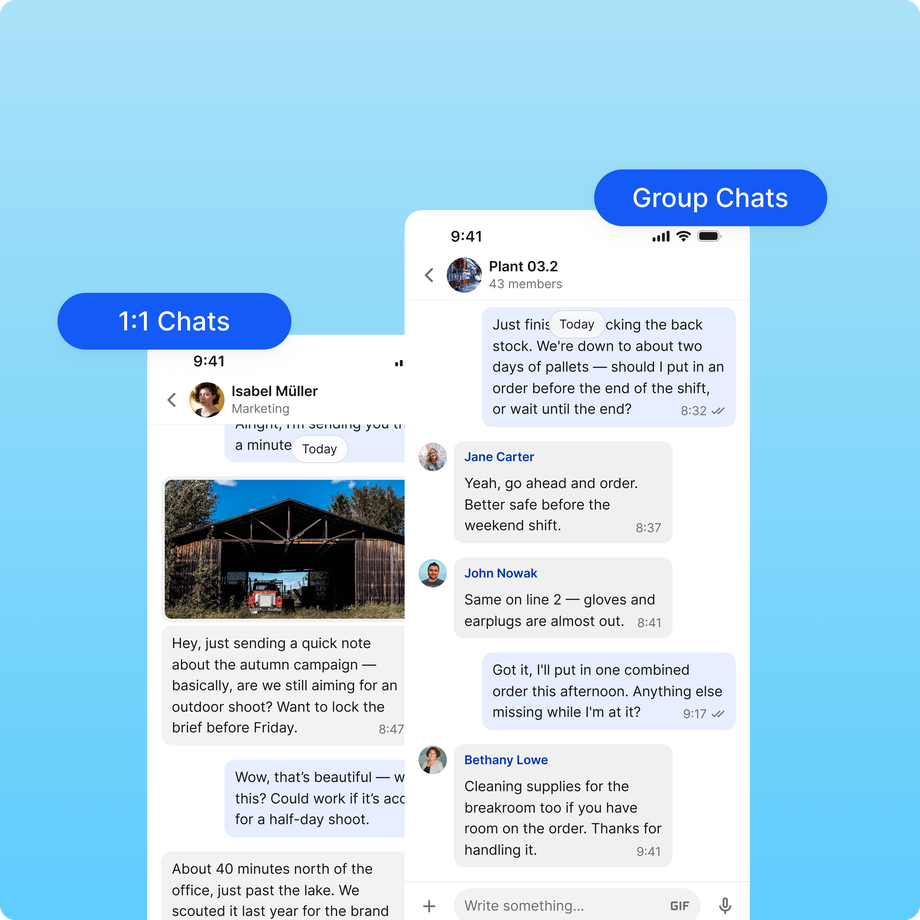B2B-SaaS interface showing 1:1 and group chat features with text conversations.