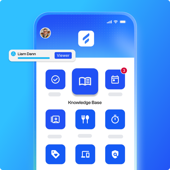 Mobile interface showing Knowledge Base app with various icons.
