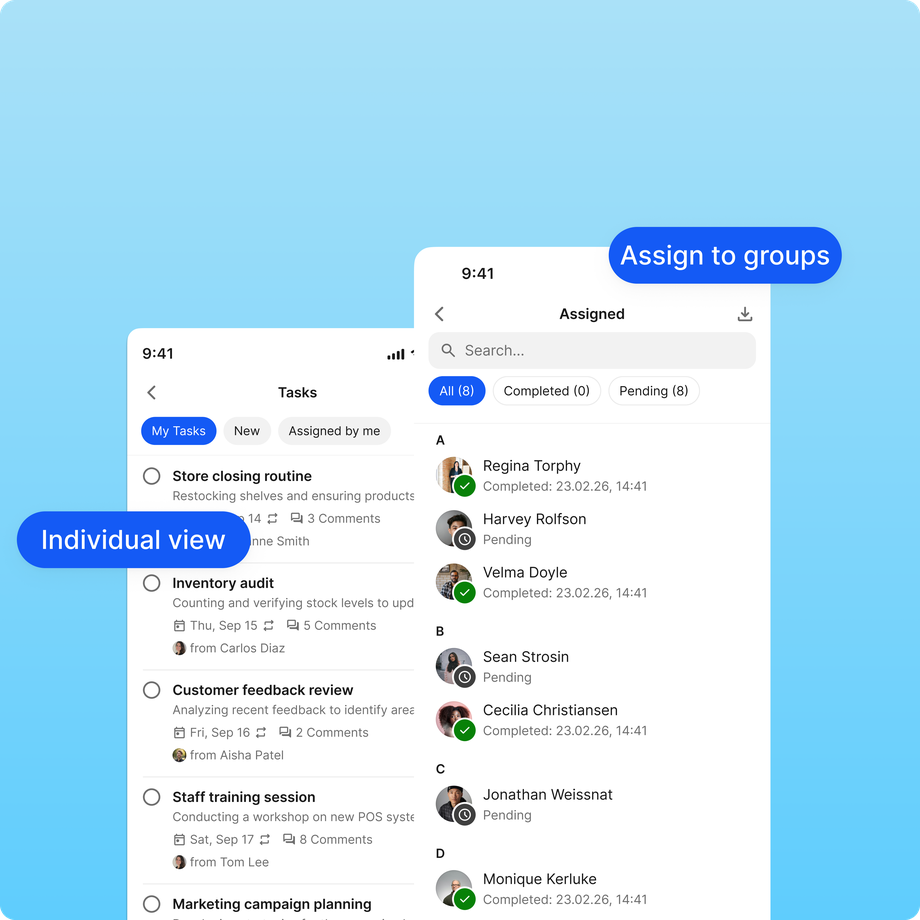 UI of a tasks app showing individual and group task views on mobile.