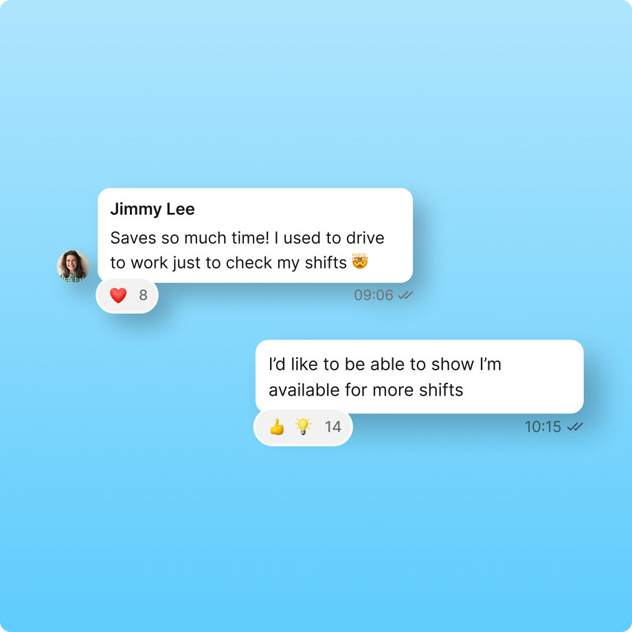 Chat messages discussing work shifts on a blue background.