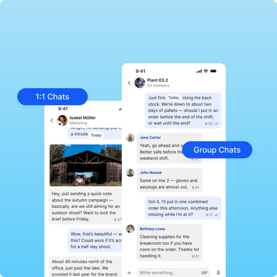 UI showing 1:1 and group chat features for communications.