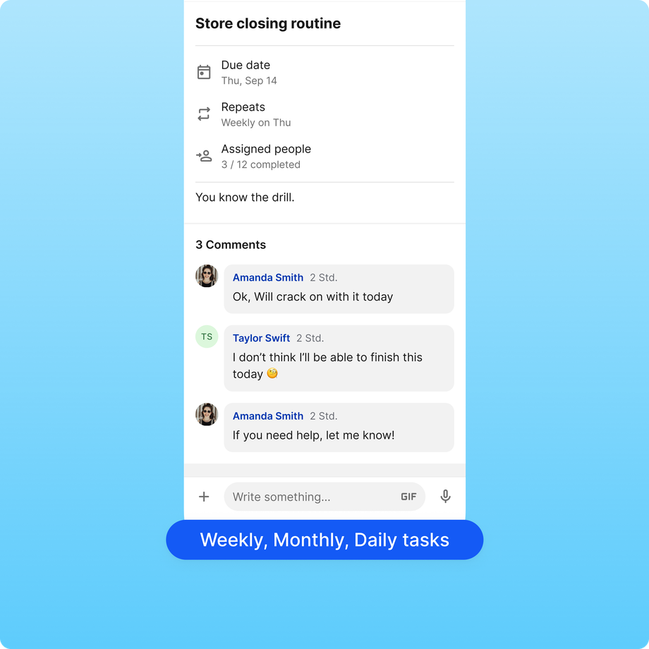 B2B-SaaS task interface with comments on a store routine.